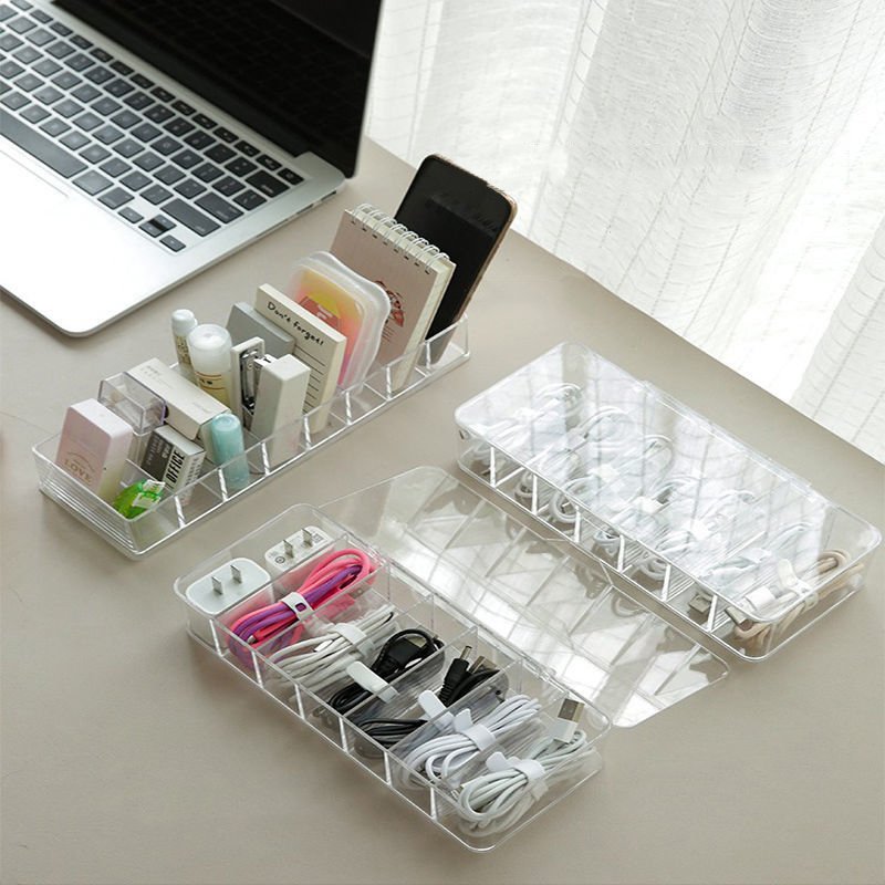 7 Compartment Clear Plastic Cable Organizer Wire Management Data USB Charging Cord Storage Boxes with Lid and 10 Wire Ties