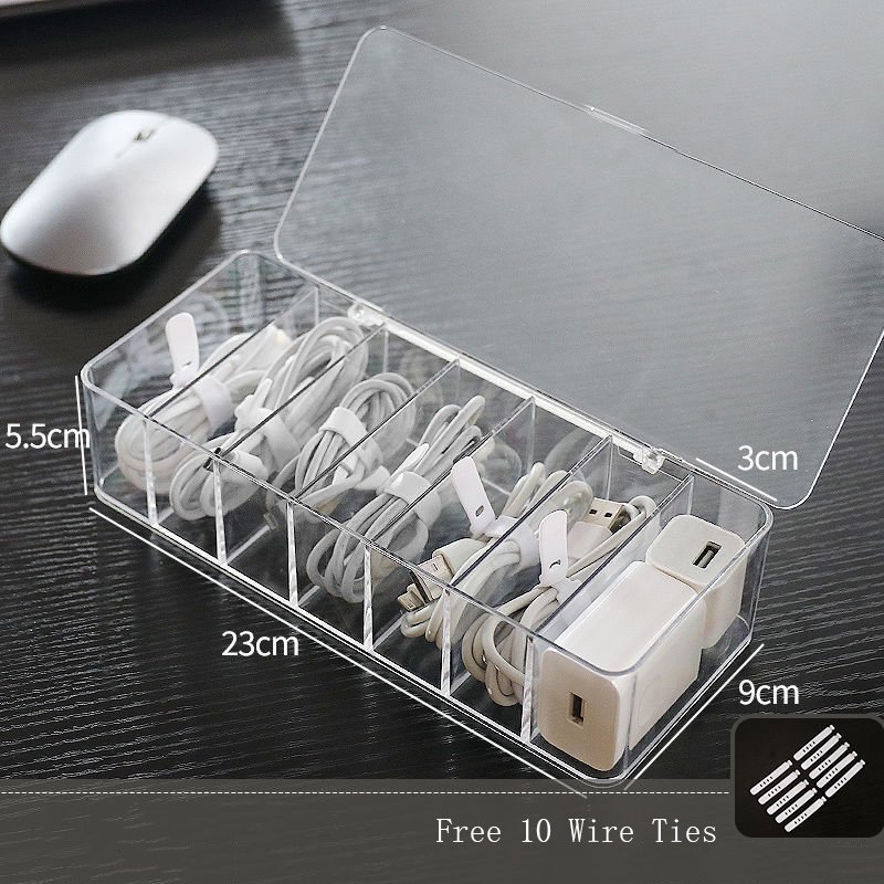 7 Compartment Clear Plastic Cable Organizer Wire Management Data USB Charging Cord Storage Boxes with Lid and 10 Wire Ties