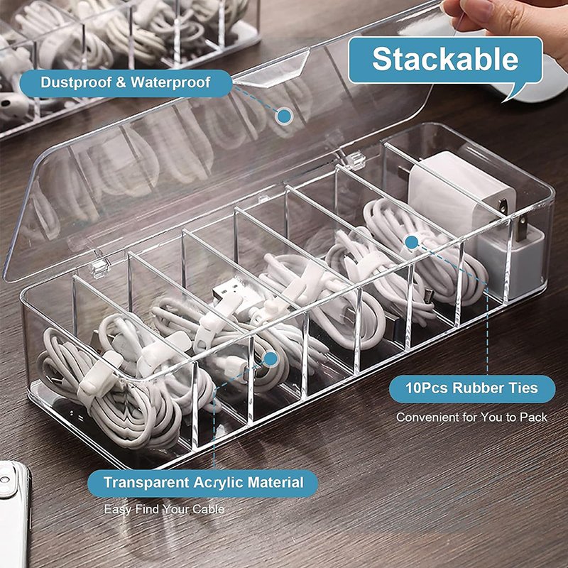 7 Compartment Clear Plastic Cable Organizer Wire Management Data USB Charging Cord Storage Boxes with Lid and 10 Wire Ties