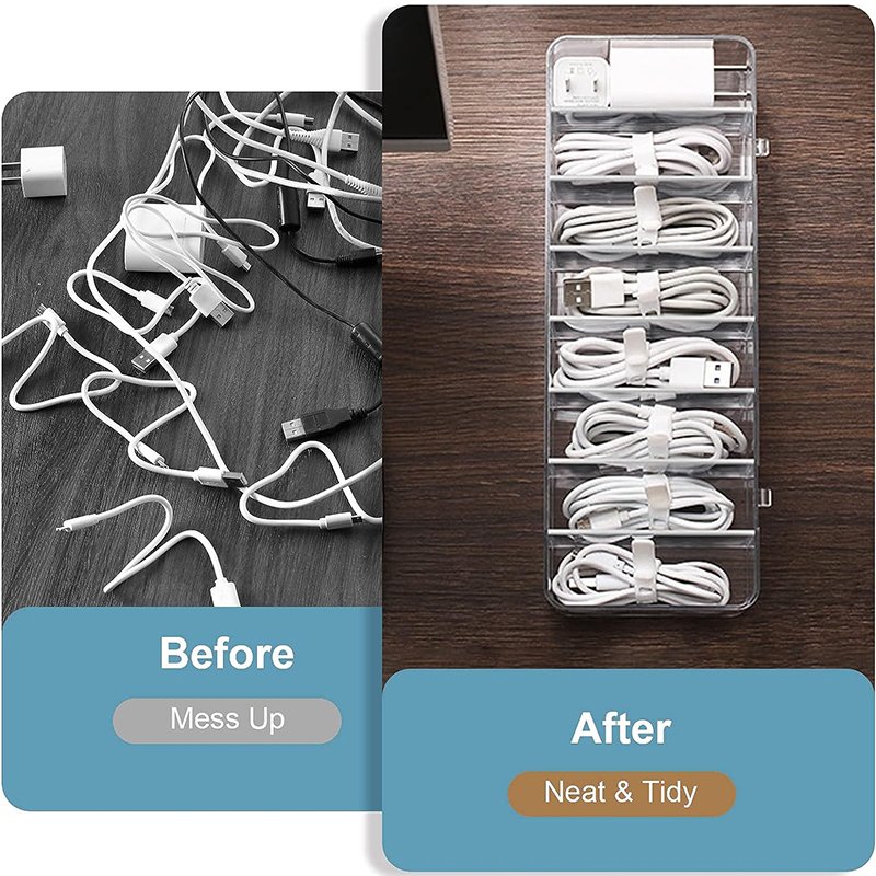 7 Compartment Clear Plastic Cable Organizer Wire Management Data USB Charging Cord Storage Boxes with Lid and 10 Wire Ties