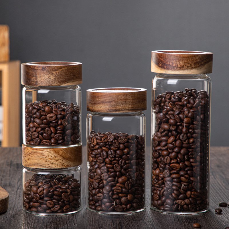 Storage Jars Sealed Food Storage Containers Acacia and Glass with Screw Wooden Lid Storage Bottles & Jars Cover Multifunction