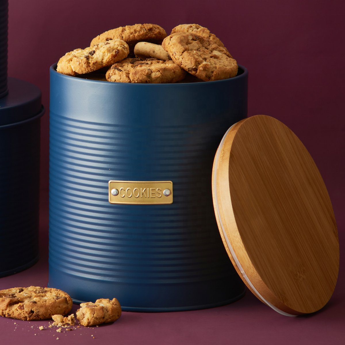 New launch Otto Navy Cookie Storage storage box round container with wood lid kitchen utility article