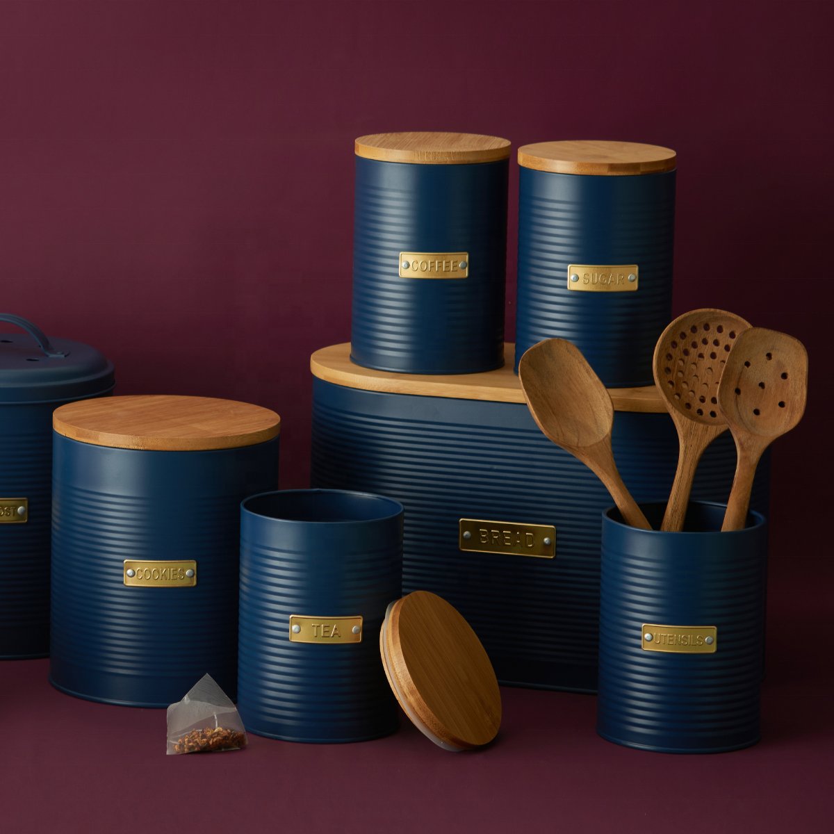 New launch Otto Navy Cookie Storage storage box round container with wood lid kitchen utility article