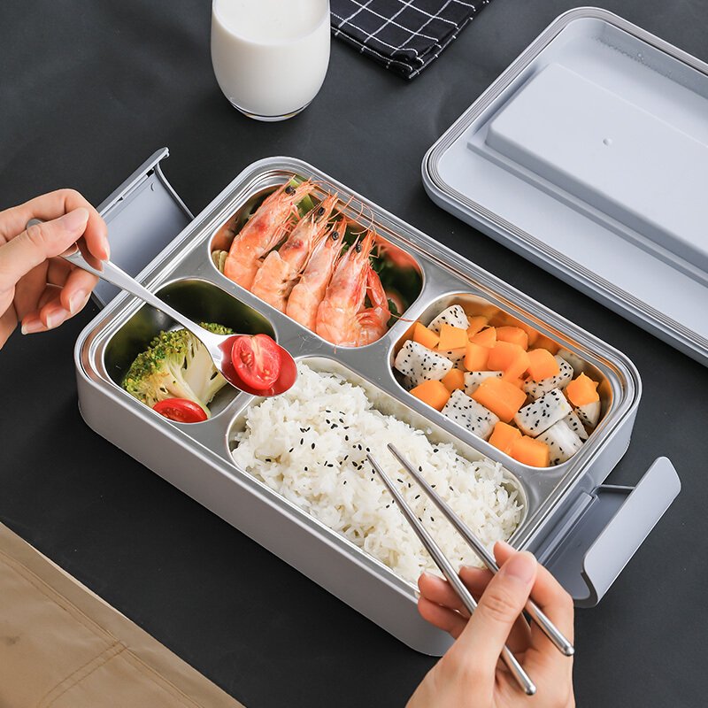 Lekfre Modern Design Stainless Steel Lunch Tray with Lid and Bag Gray Food Storage Box for Back to School