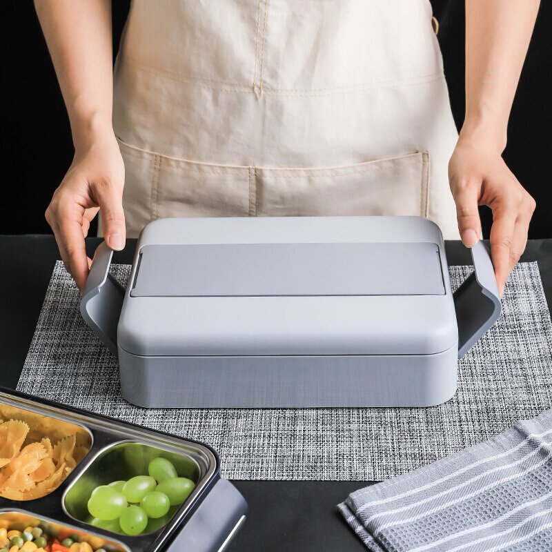 Lekfre Modern Design Stainless Steel Lunch Tray with Lid and Bag Gray Food Storage Box for Back to School