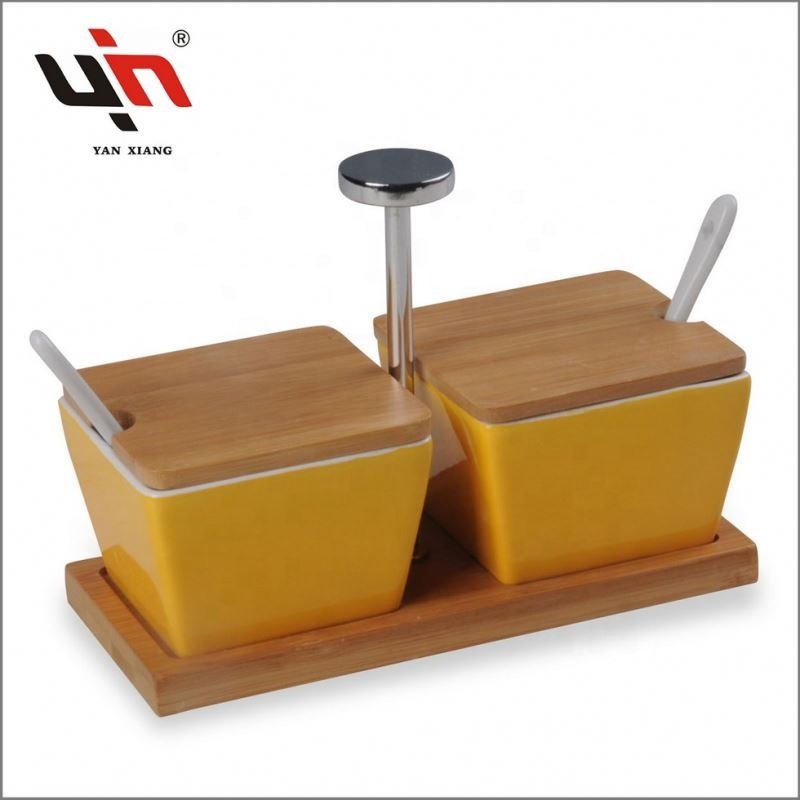 Modern Style Ceramic Square Food Storage Canister Jar Porcelain Container Tea Sugar Coffee Canister Set With Bamboo Lid