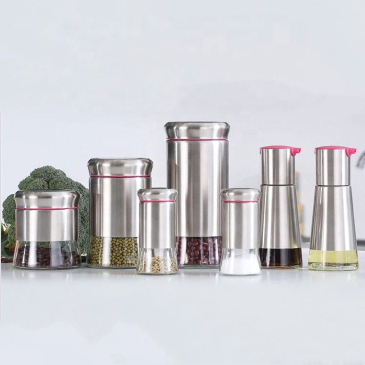 Airtight Food Storage Container for Kitchen Counter with Stainless Steel Lid and Coved Glass Jar Set