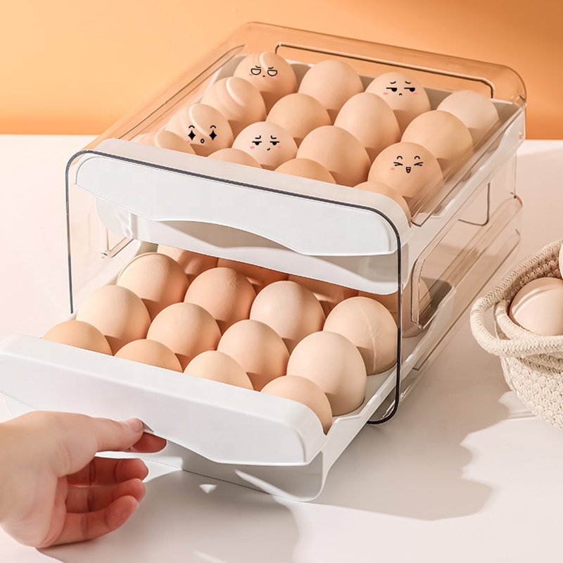 Modern Eco-Friendly Double Layer Rectangle Egg Organizer Bins Plastic Refrigerator Rack Food Storage Drawer Containers