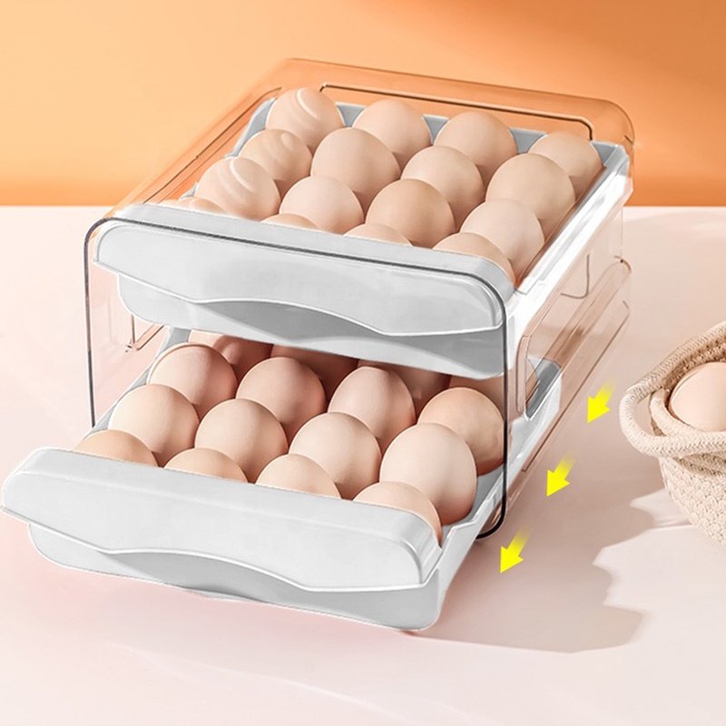 Modern Eco-Friendly Double Layer Rectangle Egg Organizer Bins Plastic Refrigerator Rack Food Storage Drawer Containers