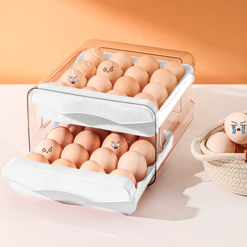 Modern Eco-Friendly Double Layer Rectangle Egg Organizer Bins Plastic Refrigerator Rack Food Storage Drawer Containers