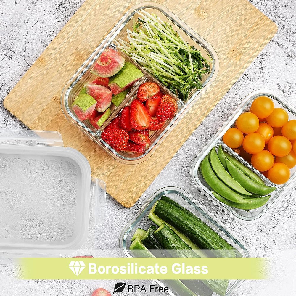 Glass Food Container with Lid 3 & 2 & 1 Compartment Glass Bento Lunch Box for Adult Children