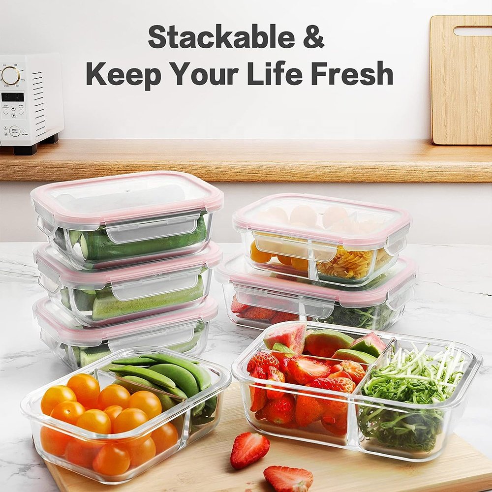 Glass Food Container with Lid 3 & 2 & 1 Compartment Glass Bento Lunch Box for Adult Children