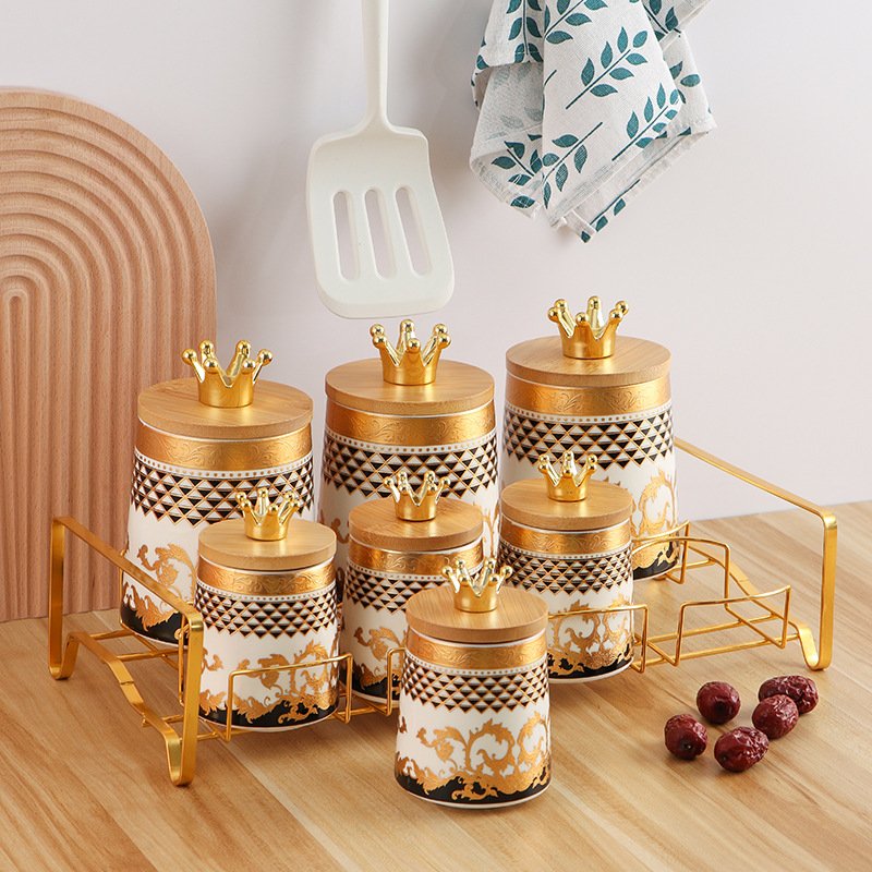 Factory Ceramic kitchen food coffee tea sealed jar with gold stand ceramic storage jar set