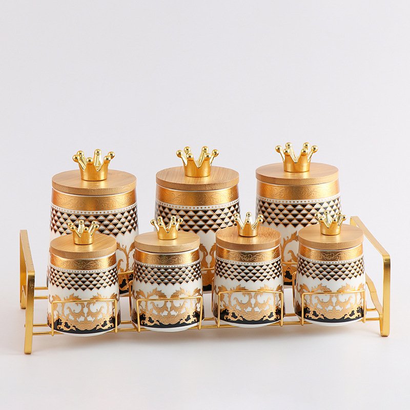 Factory Ceramic kitchen food coffee tea sealed jar with gold stand ceramic storage jar set