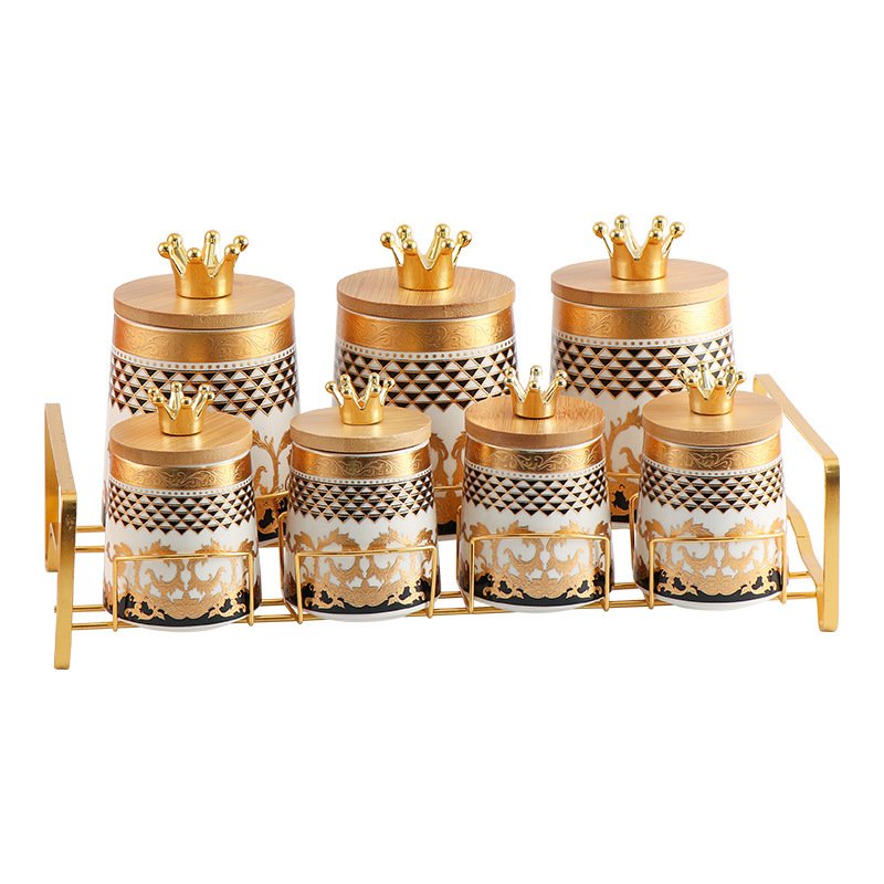 Factory Ceramic kitchen food coffee tea sealed jar with gold stand ceramic storage jar set