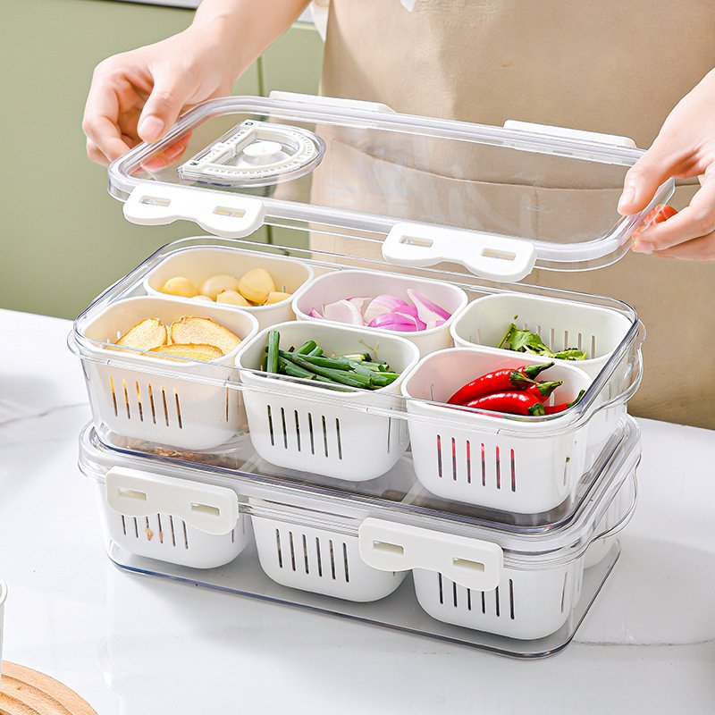 Kitchen Sealed Spice Storage Box Refrigerator Crisper Food Grade Compartments Divided Serving Tray With Lid And Time Recording