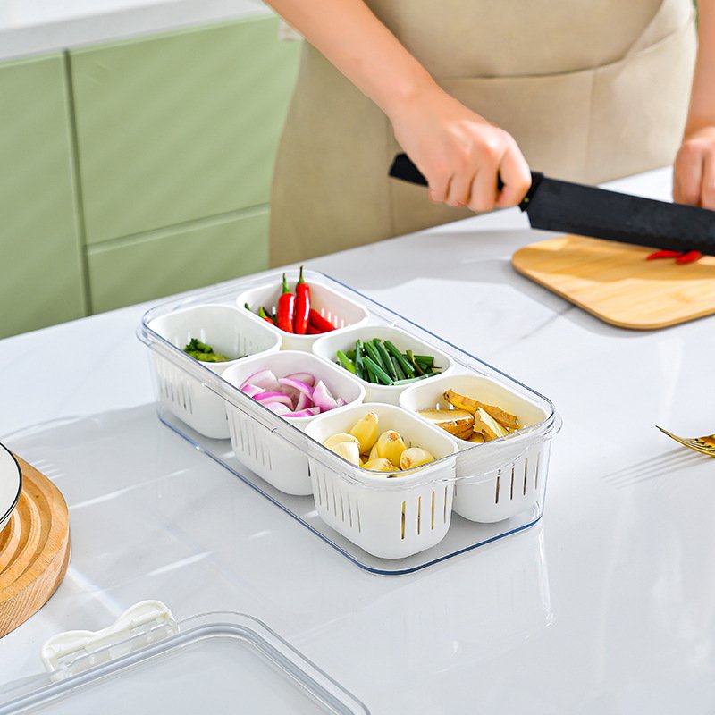 Kitchen Sealed Spice Storage Box Refrigerator Crisper Food Grade Compartments Divided Serving Tray With Lid And Time Recording