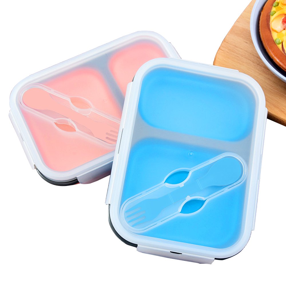 Reusable Food Storage Container BPA Free Silicone Foldable Bento Box Set Silicone Two-compartment Lunch Boxes With Fork