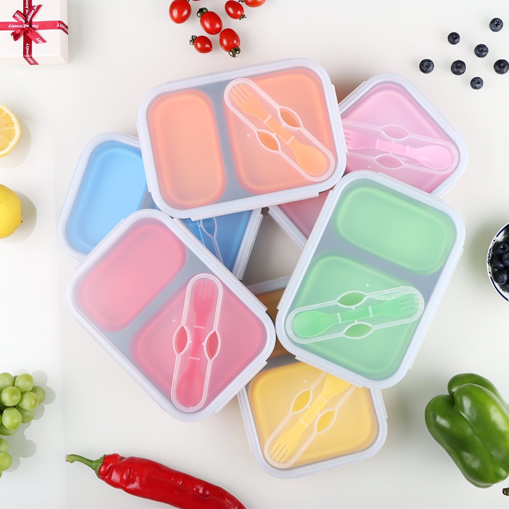 Reusable Food Storage Container BPA Free Silicone Foldable Bento Box Set Silicone Two-compartment Lunch Boxes With Fork