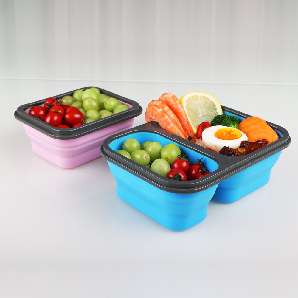 Reusable Food Storage Container BPA Free Silicone Foldable Bento Box Set Silicone Two-compartment Lunch Boxes With Fork