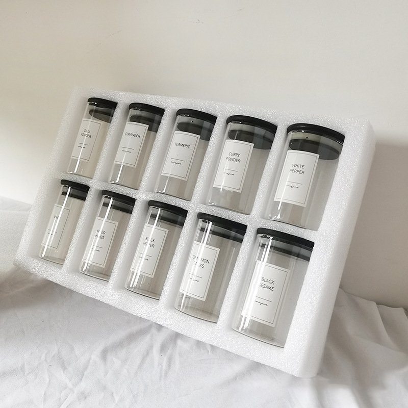 Hot Sale High Borosilicate Glass Jar home and kitchen glass storage jar glass spice jar with Black Bamboo Lid Set