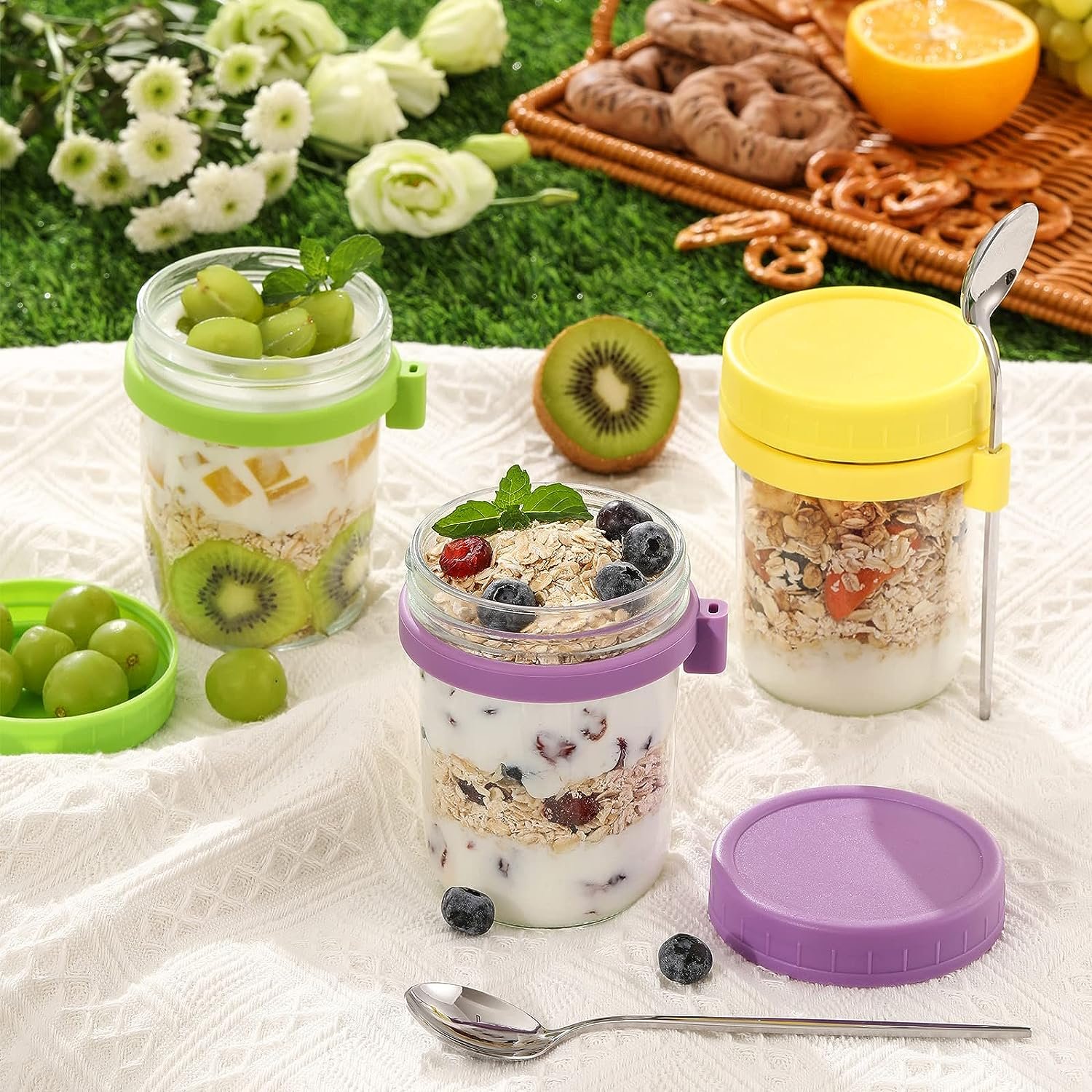 4pk Overnight Oat Container with Lid and Spoon Mason Jars with Airtight Lid for Overnight Oats