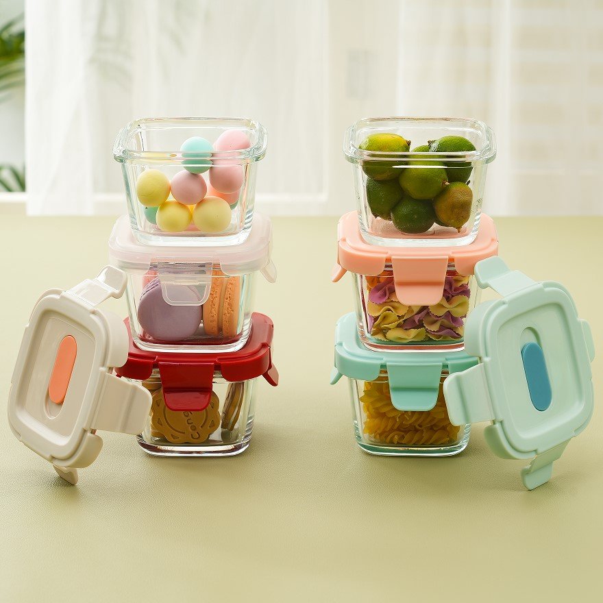 Non-toxic glass baby food container with snap lid Oven safe baby glass food container air tight food storage