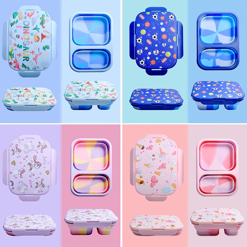 Wholesale Children Bento Reusable Food Storage Containers Folding Kids Collapsible Silicone Lunch Boxes With Fork