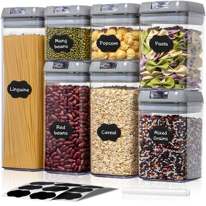 7pcs Grey Cover Transparent Kitchen Food Storage Container Airtight Dry Food Storage Seal Tank with Lid