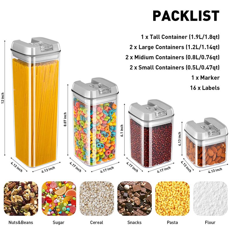 7pcs Grey Cover Transparent Kitchen Food Storage Container Airtight Dry Food Storage Seal Tank with Lid