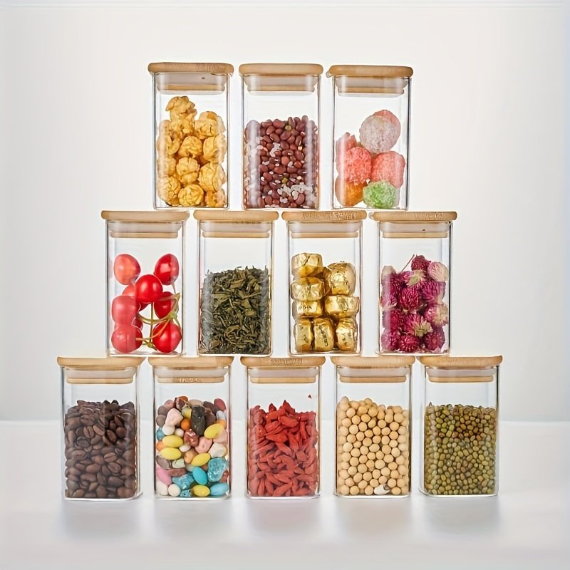 YOLOWE HOME 8pcs 280ml Square Borosilicate Glass Storage Jar with Sealed Bamboo Lid Bulk Food & Spice Kitchen Storage Jar