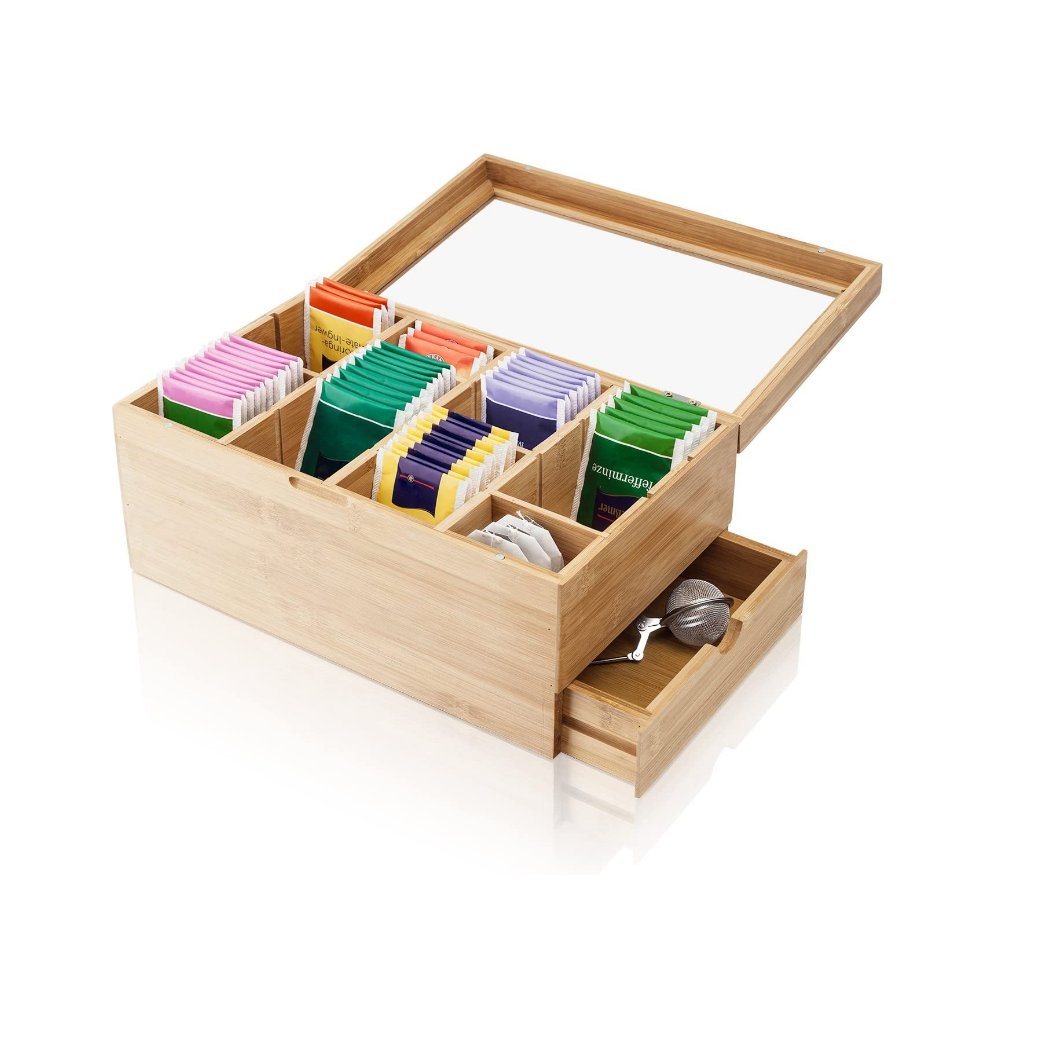 Decorative Wooden Organizer Storage Box with 8 Adjustable Sliding Dividers and Drawers