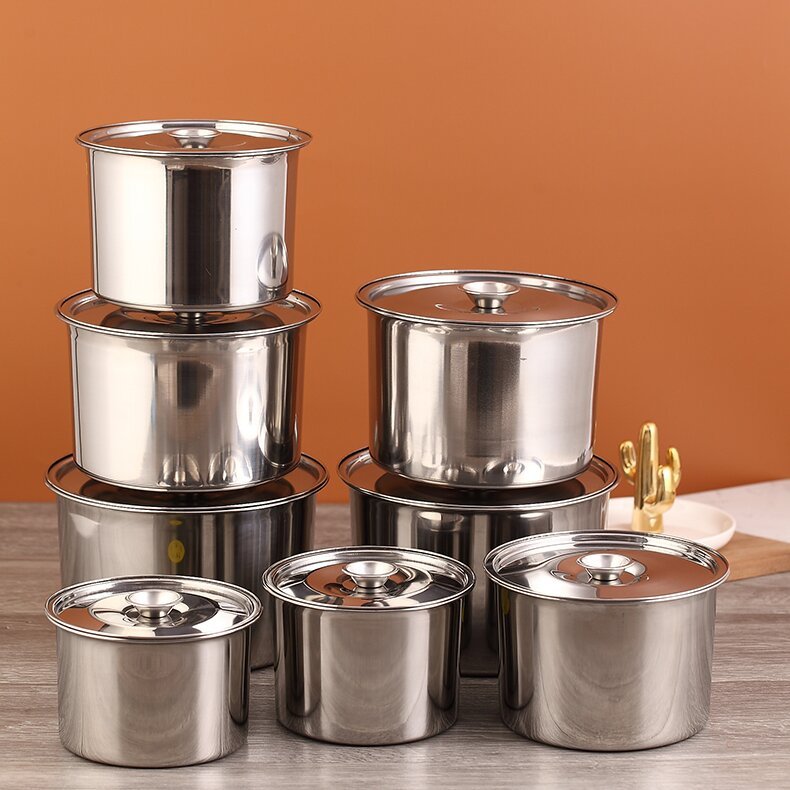 Stainless steel 201 food storage container covered cylinder seasoning jar cooking oil storage tank metal seasoning pot