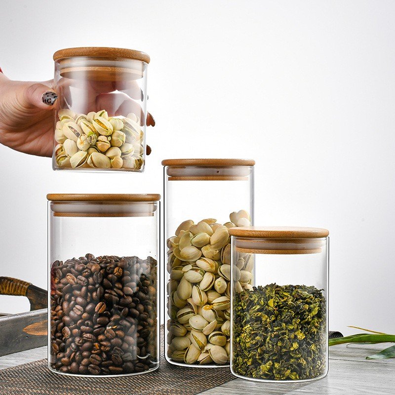 wholesale Eco-friendly high borosilicate food airtight kitchen glass bottle spice storage container glass tank with bamboo lids