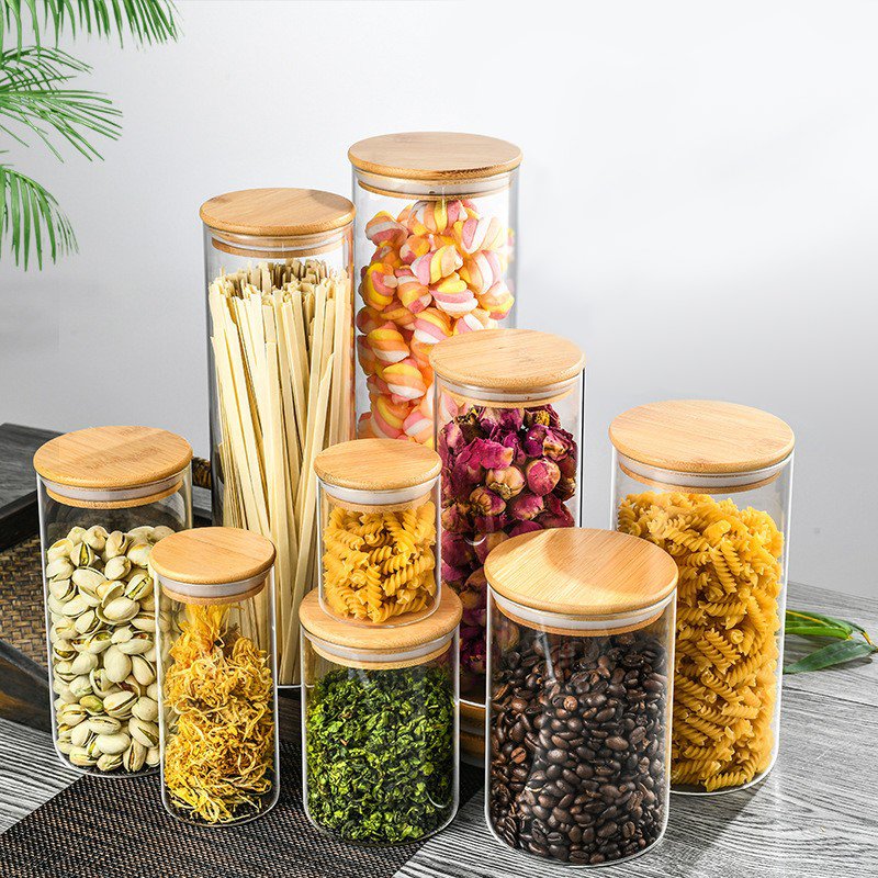 wholesale Eco-friendly high borosilicate food airtight kitchen glass bottle spice storage container glass tank with bamboo lids