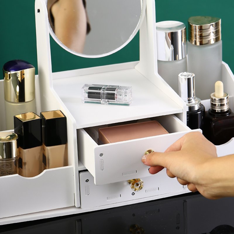 Wholesale Table Top Wood Cosmetics Mirror Drawer Type Jewelry Skin Care Lipstick Shelf Desktop Facial Mask Cosmetics Storage Box