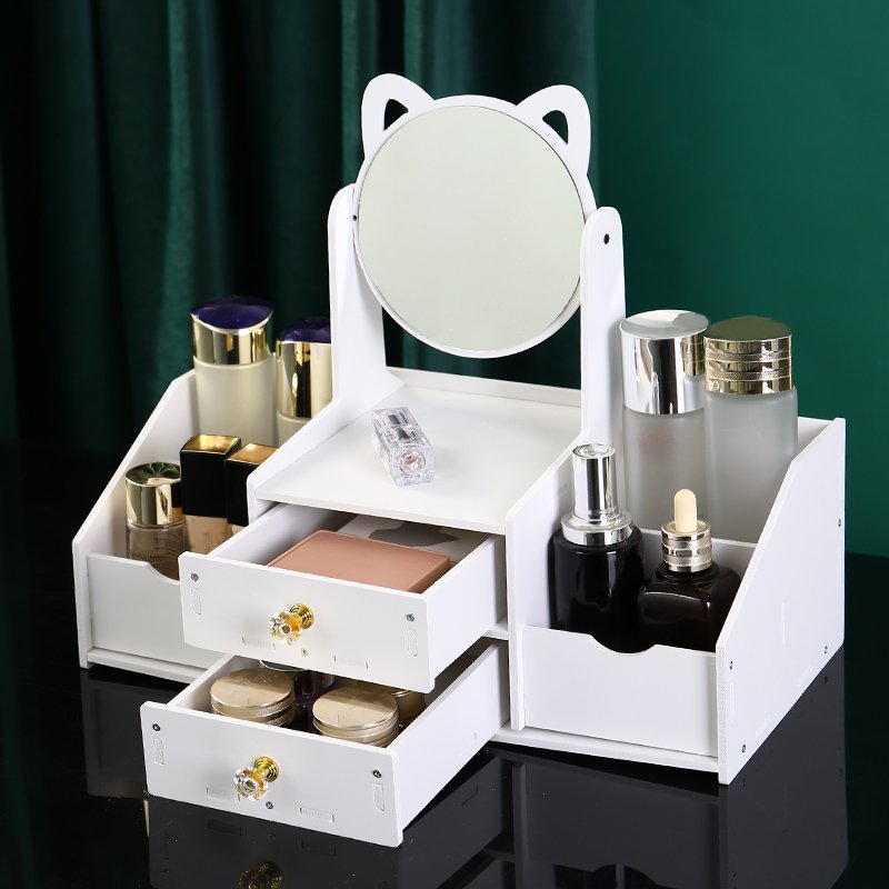 Wholesale Table Top Wood Cosmetics Mirror Drawer Type Jewelry Skin Care Lipstick Shelf Desktop Facial Mask Cosmetics Storage Box