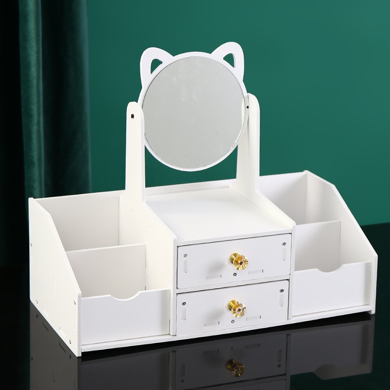 Wholesale Table Top Wood Cosmetics Mirror Drawer Type Jewelry Skin Care Lipstick Shelf Desktop Facial Mask Cosmetics Storage Box