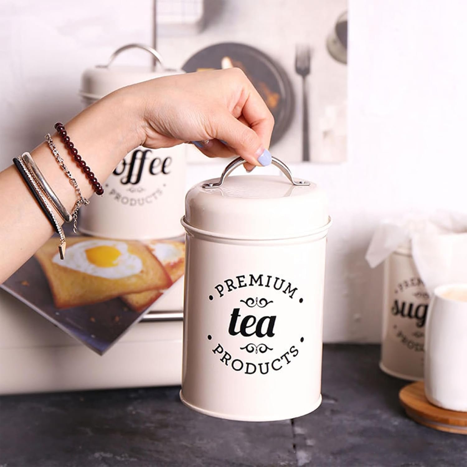 Set of 3 Airtight Kitchen Canister Decorations with Lids Coffee Tea Sugar Metal Containers Kitchen Canister Jars Food Storage
