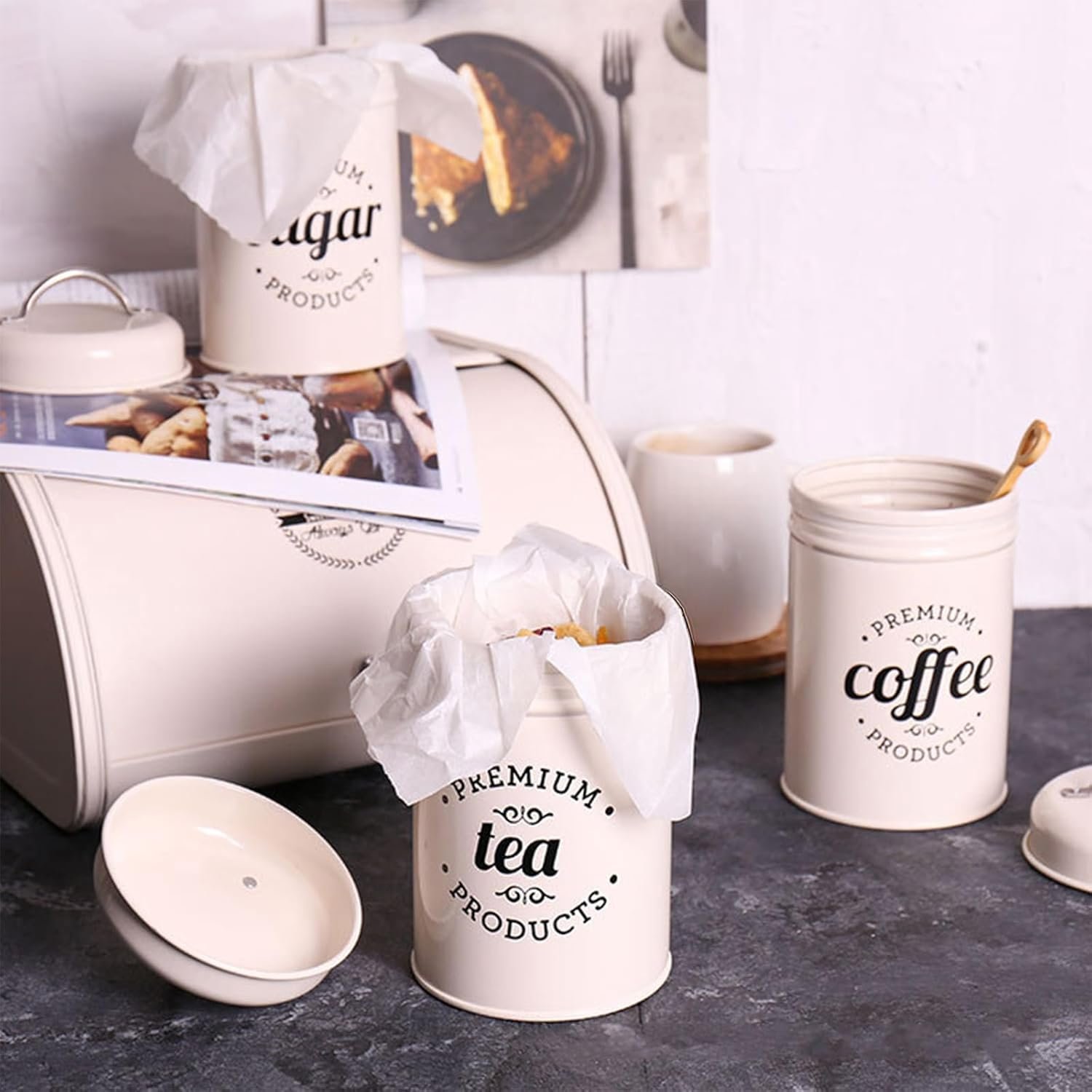 Set of 3 Airtight Kitchen Canister Decorations with Lids Coffee Tea Sugar Metal Containers Kitchen Canister Jars Food Storage