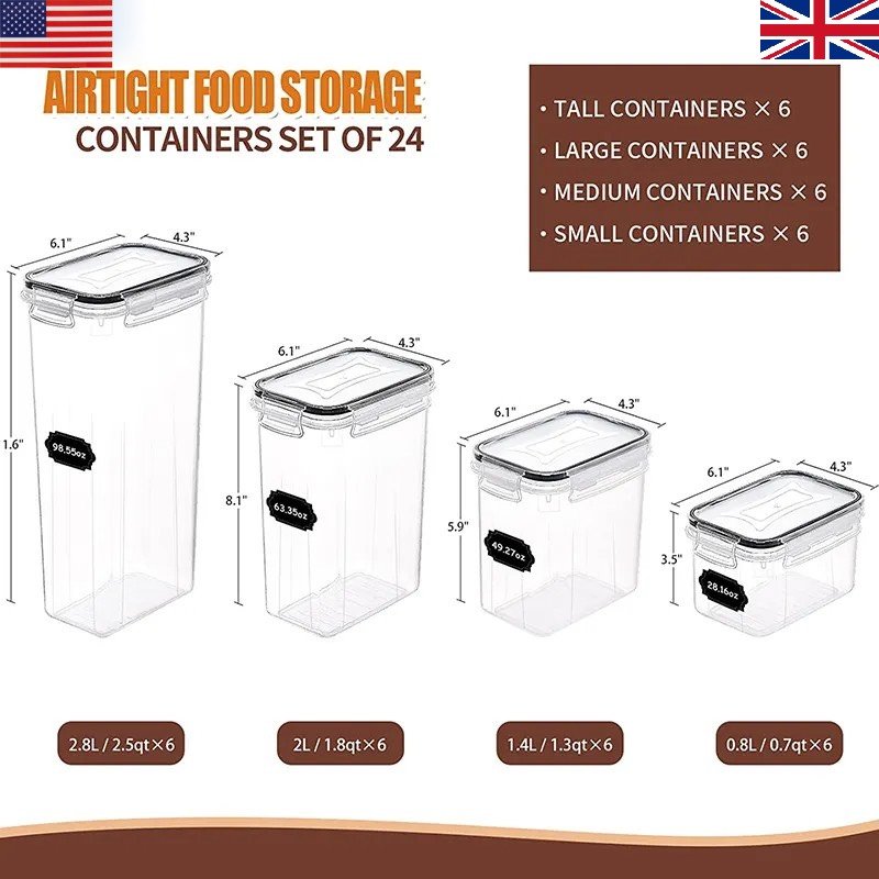 24 Pack Bpa Free Plastic Airtight Stackable Kitchen Pantry Storage Bins & Boxes Food Storage Containers Set With Lids