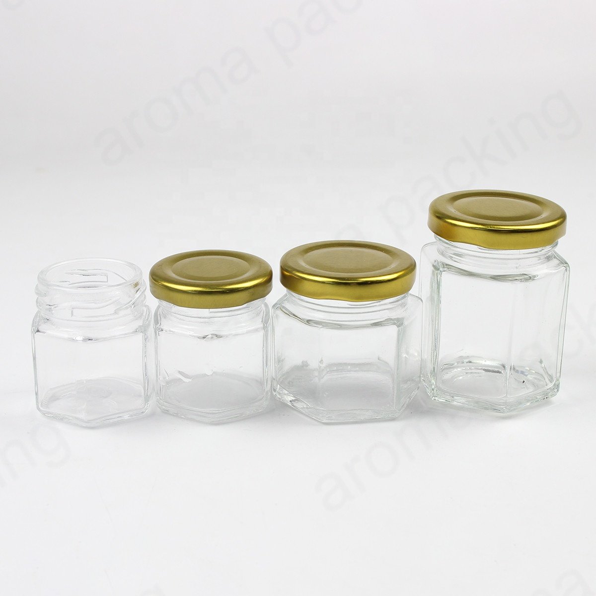Wholesale 30ml 50ml 60ml Clear Glass Storage Jar Hexagon Kitchen Glass Bottle Round Glass Honey Jar With Gold Lids