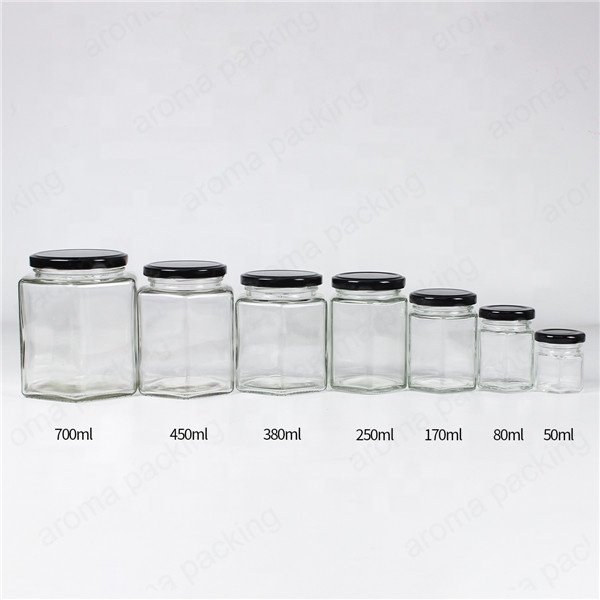 Wholesale 30ml 50ml 60ml Clear Glass Storage Jar Hexagon Kitchen Glass Bottle Round Glass Honey Jar With Gold Lids