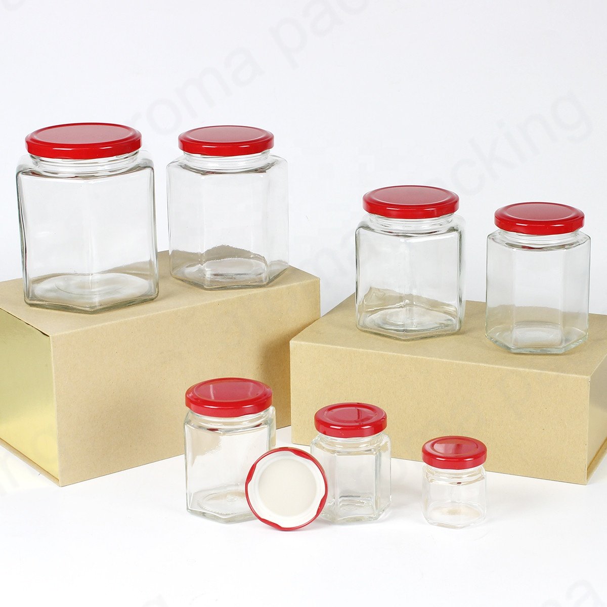 Wholesale 30ml 50ml 60ml Clear Glass Storage Jar Hexagon Kitchen Glass Bottle Round Glass Honey Jar With Gold Lids