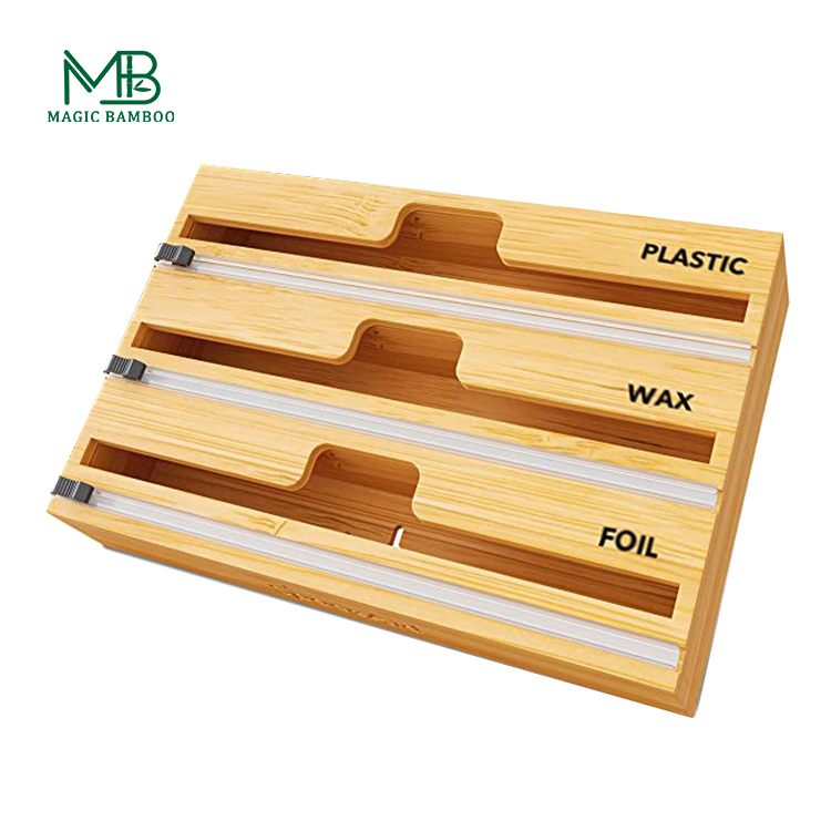 Multifunction Bamboo Drawer Zip Lock Kitchen Foil Plastic Wrap Dispenser Organizer With Slide Cutter