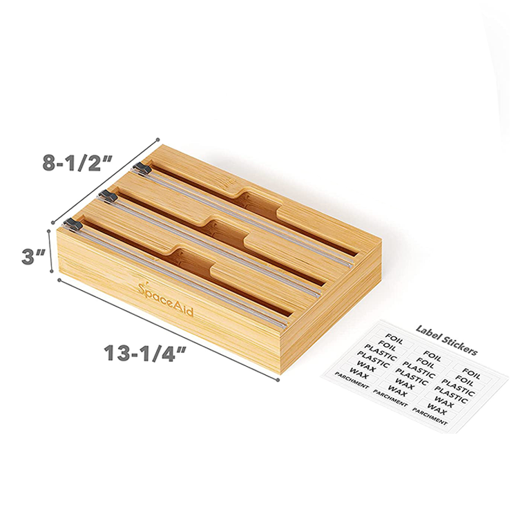 Multifunction Bamboo Drawer Zip Lock Kitchen Foil Plastic Wrap Dispenser Organizer With Slide Cutter