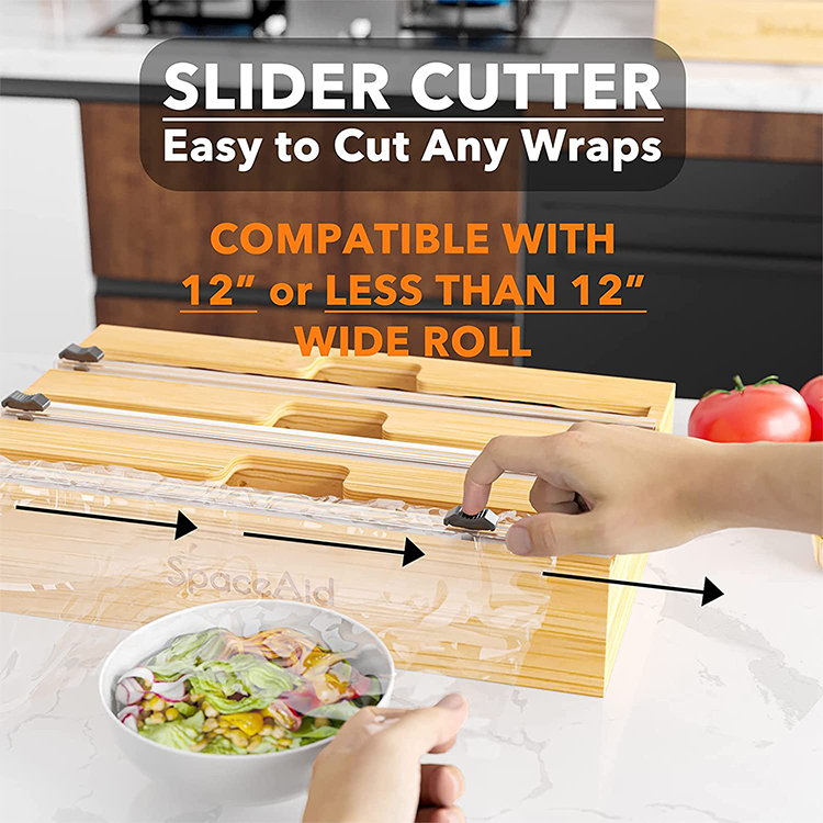 Multifunction Bamboo Drawer Zip Lock Kitchen Foil Plastic Wrap Dispenser Organizer With Slide Cutter