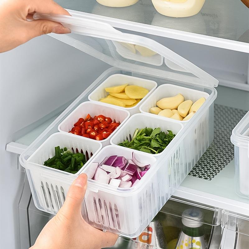 6 Grids Scallion Fresh Keeping Box with Lid Spice Tray Container with Divided Preservation Storage Box for Kitchen Use