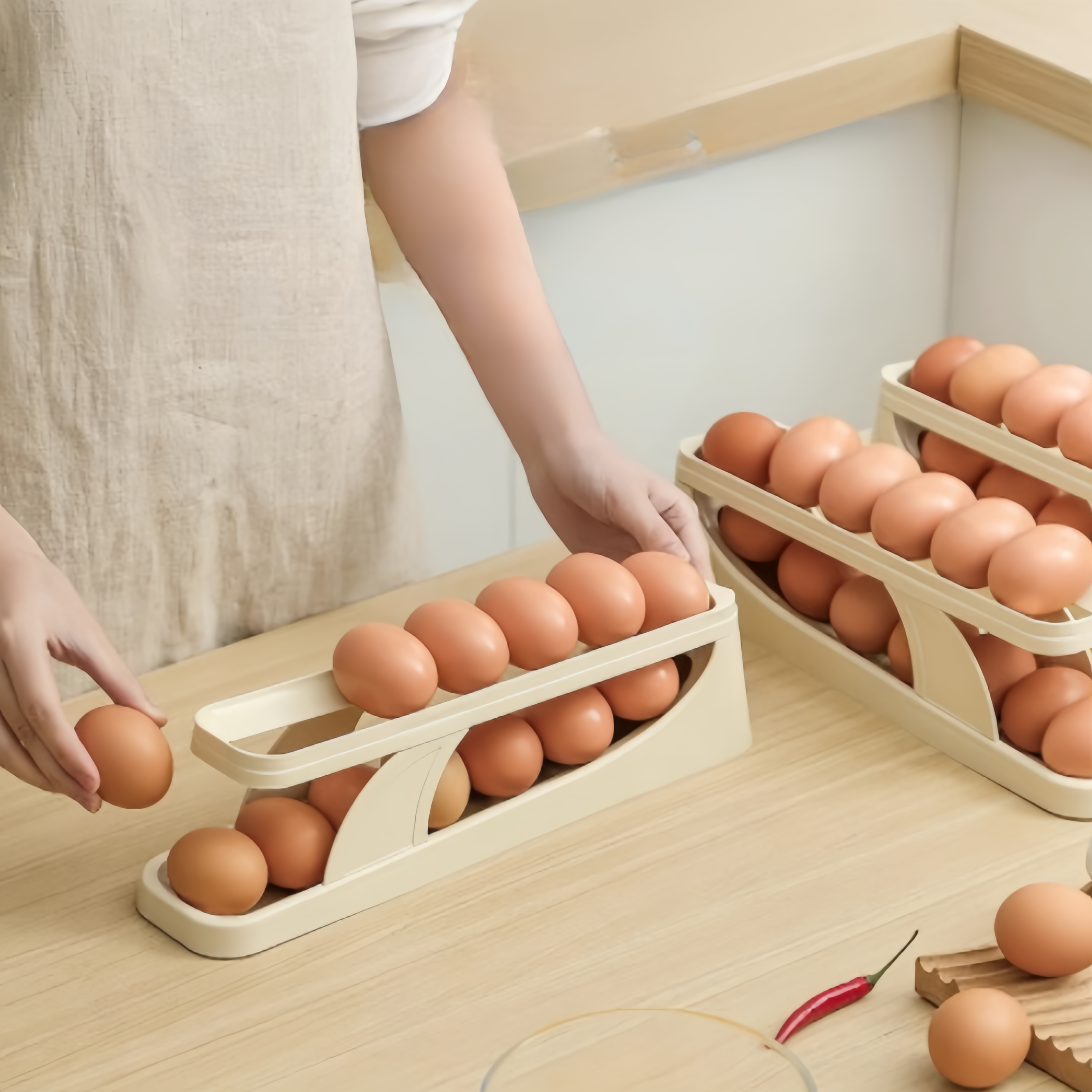 Hot Selling 2-Layer Egg Holder For Refrigerator Auto Rolling Plastic Egg Organizer Rack Wholesale Price Kitchen Egg Storage Box