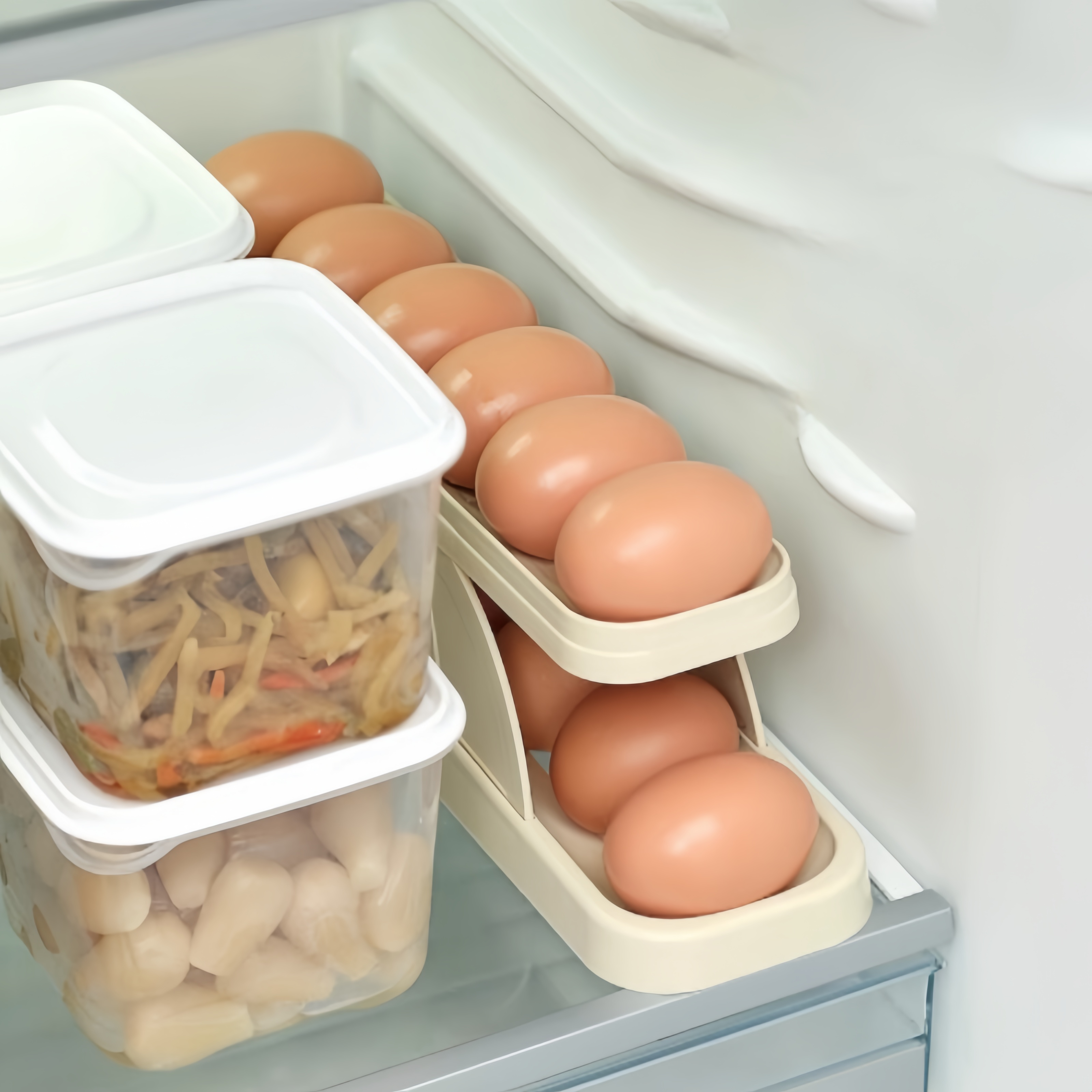 Hot Selling 2-Layer Egg Holder For Refrigerator Auto Rolling Plastic Egg Organizer Rack Wholesale Price Kitchen Egg Storage Box